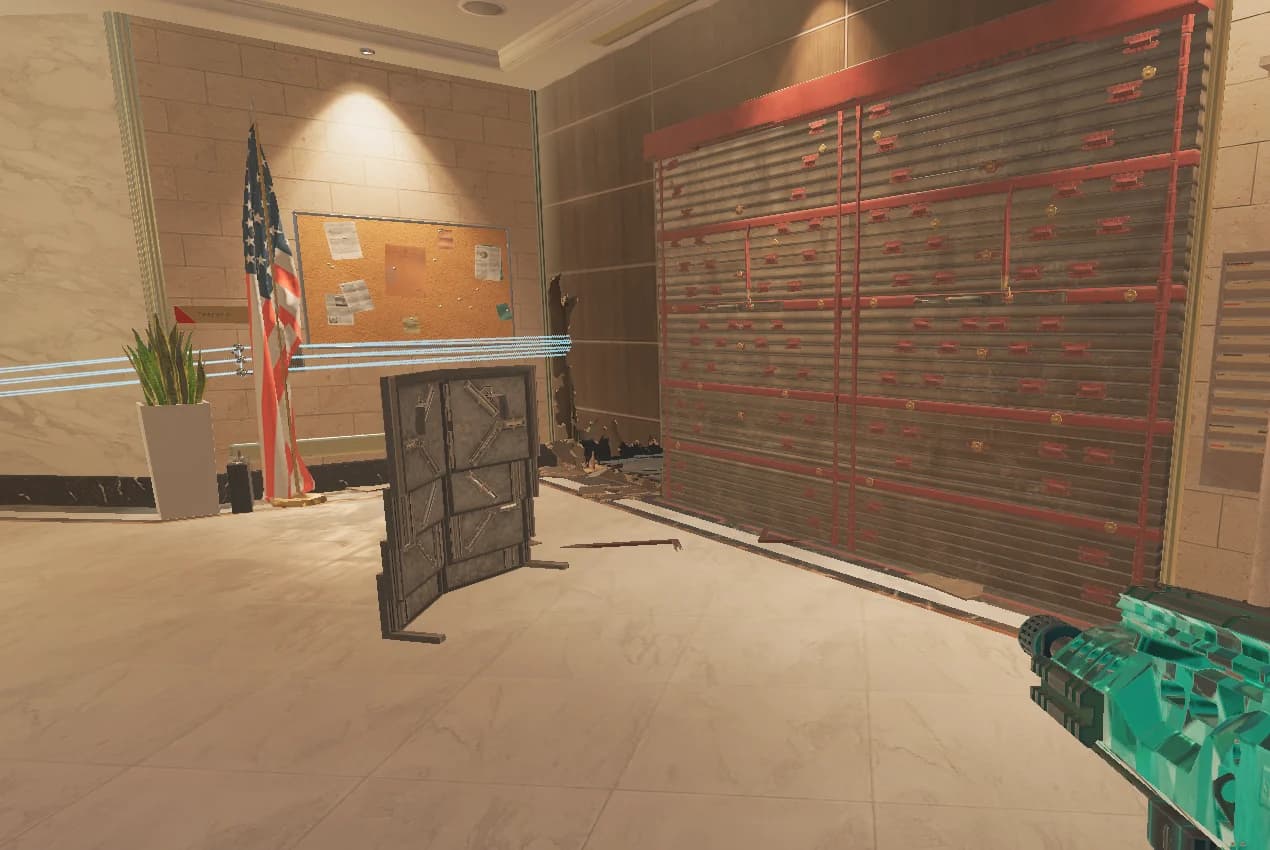 Holes and shield — Stock Room and White Square, Stock to Janitor on Bank